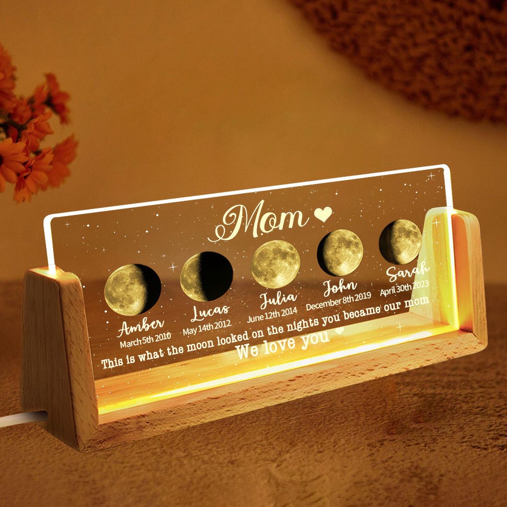 Custom The Nights You Became Our Mom Moon Phase Night Light with Kids Names Gifts for Mom Grandma Mother's Day Gift