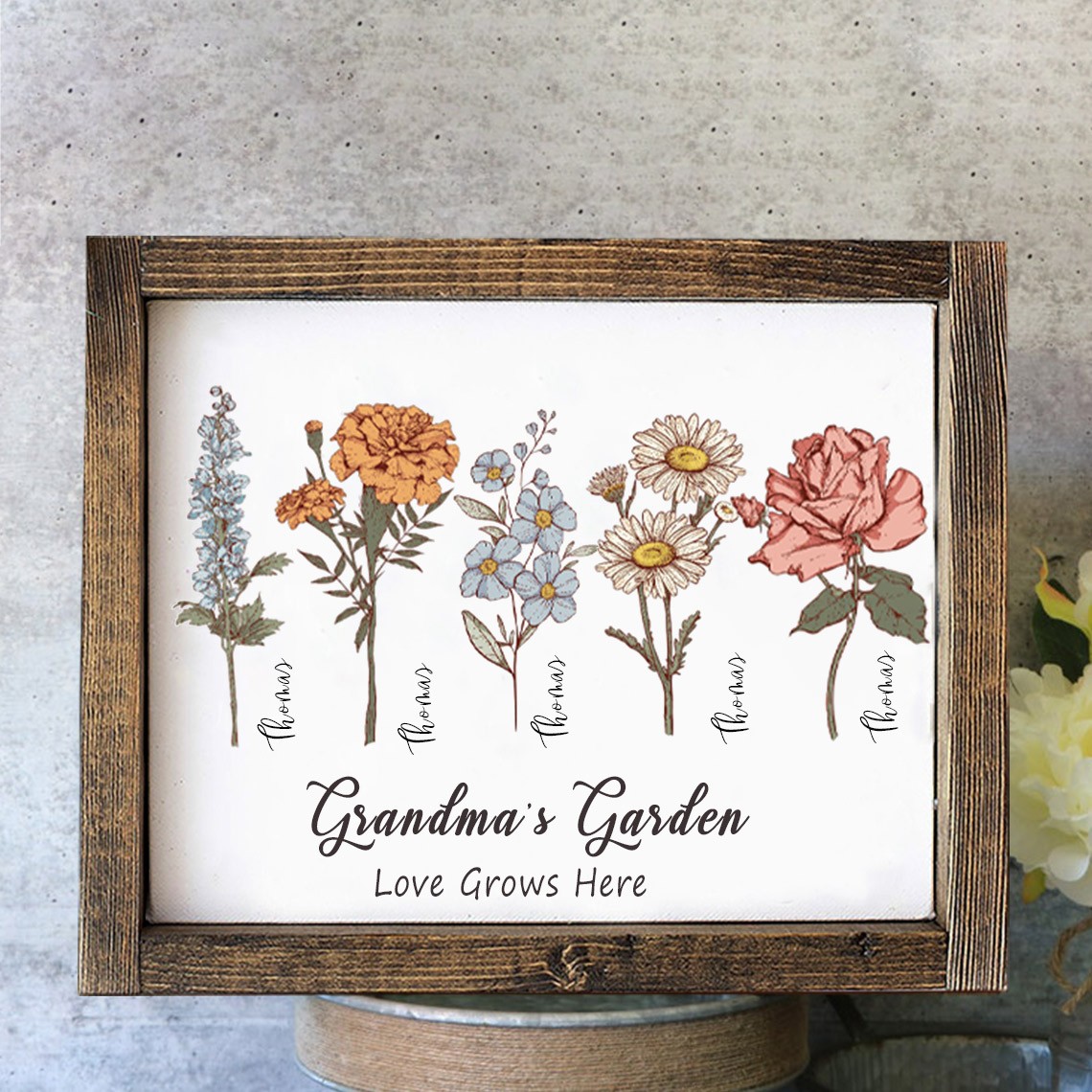 Personalized Birth Month Flower Wood Frame Sign with Kids Names Gifts for Grandma Mom Mother's Day Gift ideas