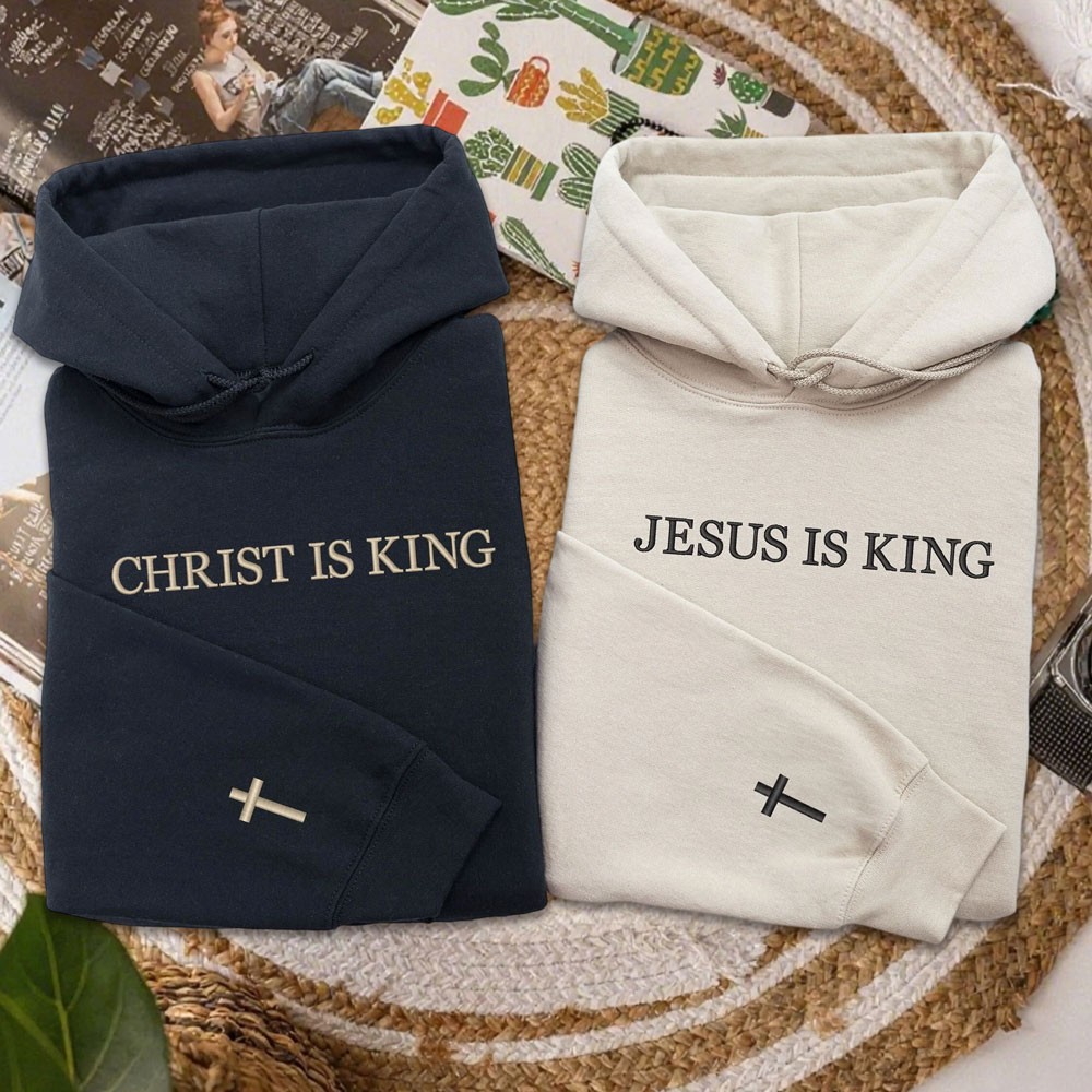 Custom Embroidered Jesus Is King Hoodie with Cross on Sleeve Gifts for Couples Birthday Gift for Him Her