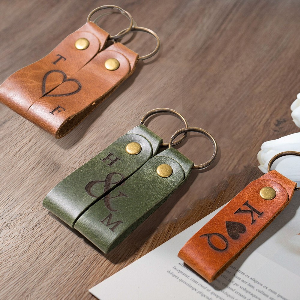 Personalized Couple Matching Leather Keychain Set with Initials Anniversary Gift for Her Him Valentine's Day Gifts for Couples