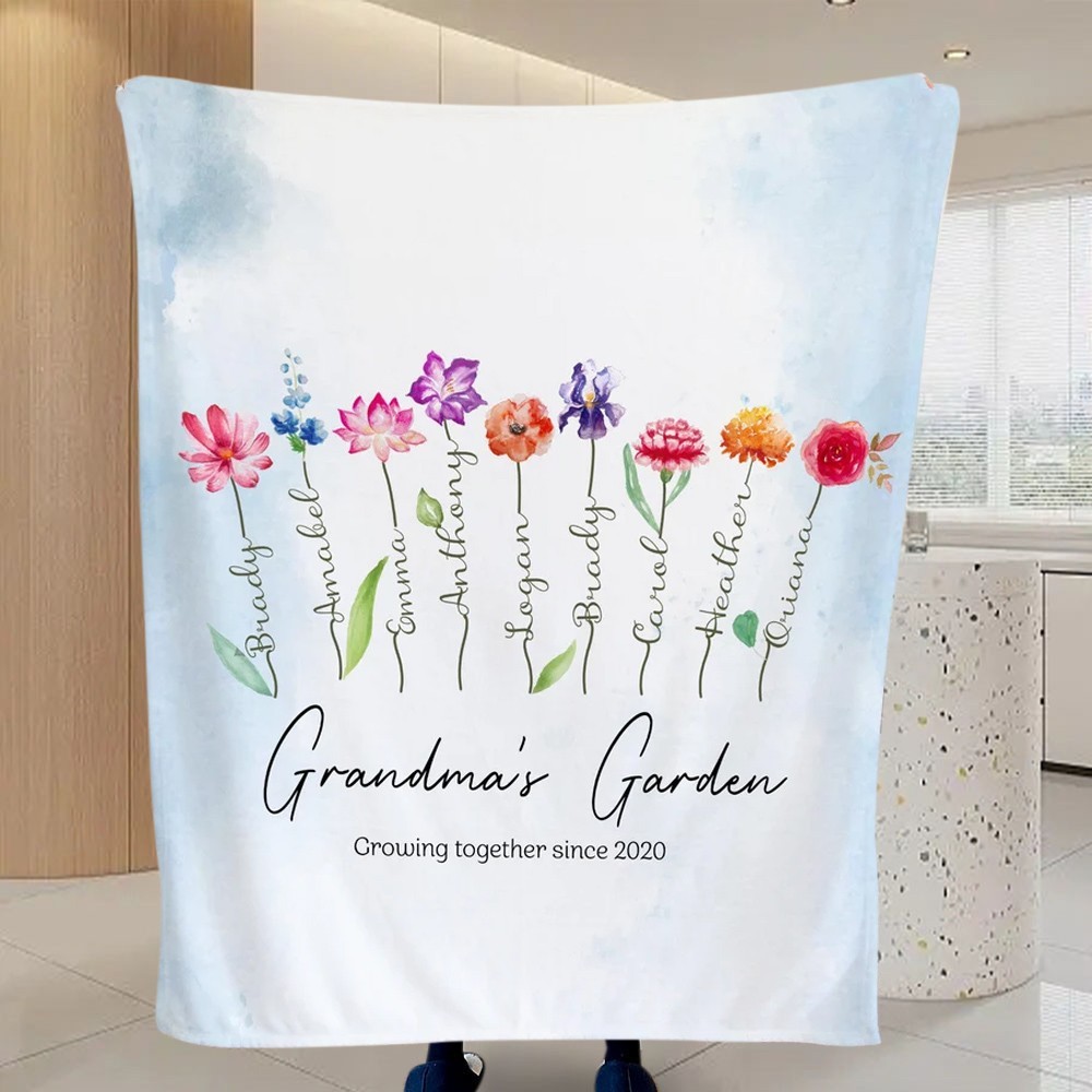 Personalized Grandma's Garden Birth Flower Blanket With Grandkids Names