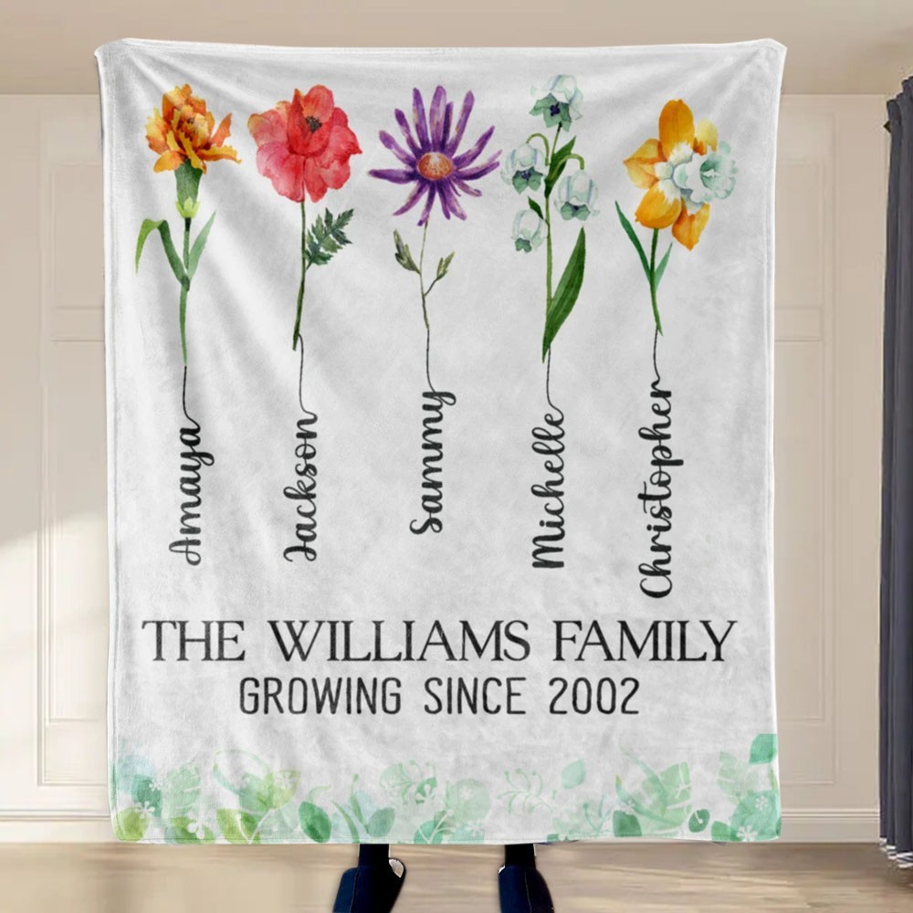 Personalized Family Birth Flower Blanket with Kids Names