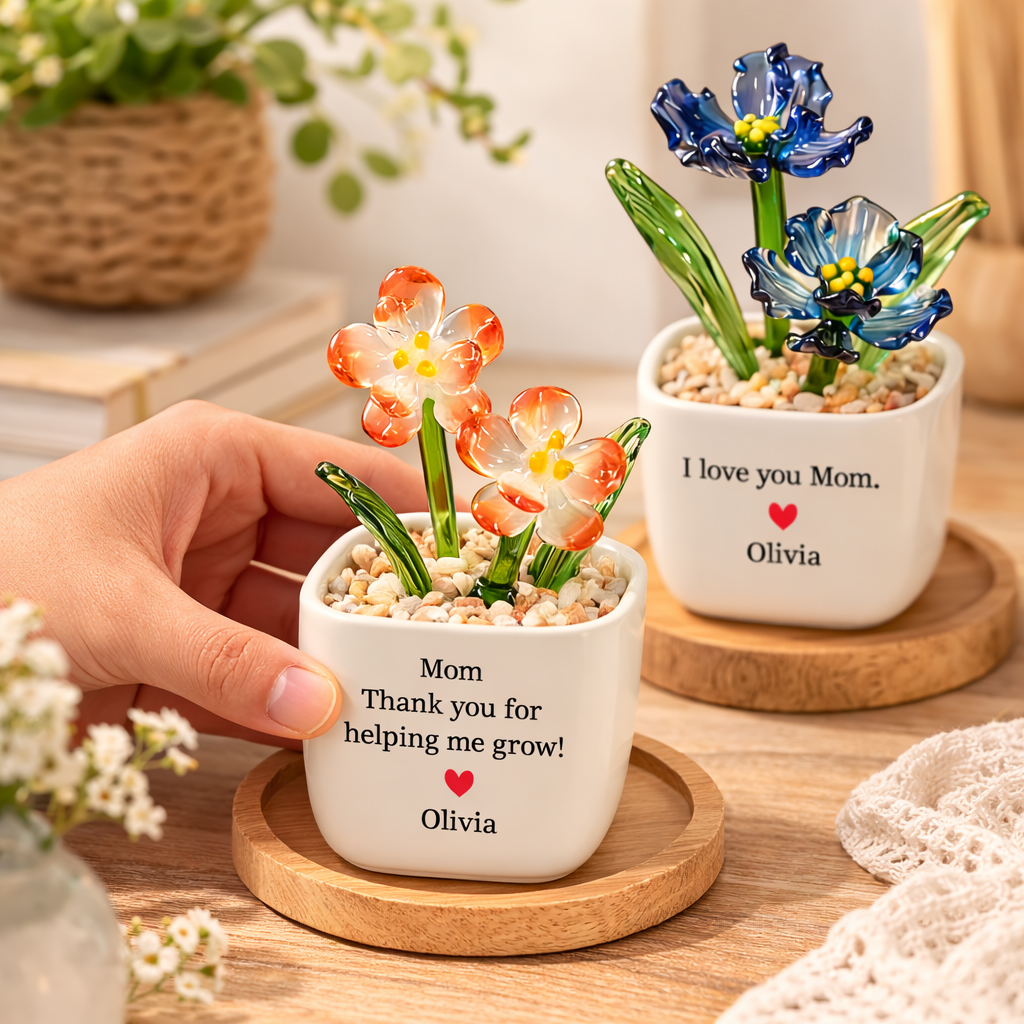 Custom Hand Blown Glass Potted Plants Birth Flower Pot Birthday Gifts for Mom or Grandma Unique Mothers Day Gifts