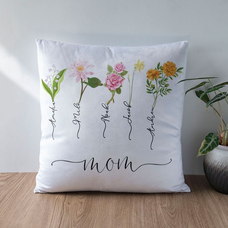 Personalized Birth Flower Art Pillow with Kids Names