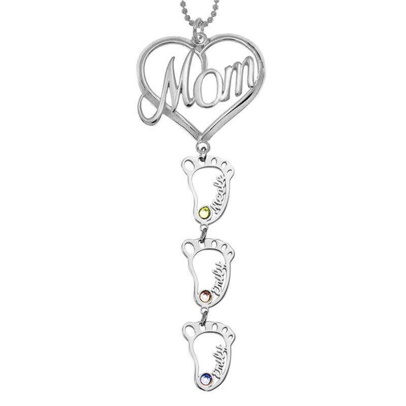 Personalized Baby Feet Pendants Mom Birthstone Necklace With Engraved Name Mother's Day Gift Ideas