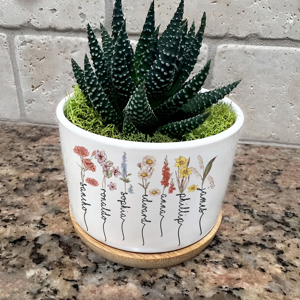 Personalized Birth Flower Succulent Pot with Engraved Names