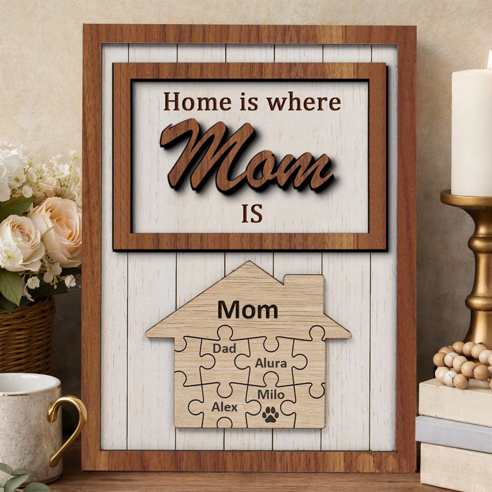 Home Is Where Mom Is Personalized Wood Mom Puzzle Sign Gift for Mom Grandma Mother's Day Gifts