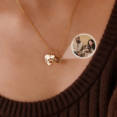 Personalized Paw Name Photo Projection Necklace with Heart Pet Memorial Gift Keepsake Gifts for Dog Mom Pet Lover Gift