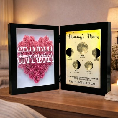 Name Flower Shadow Box with Moon Phase Night Light By Date Personalized Gifts for Grandma Mom Mother's Day Gift Ideas