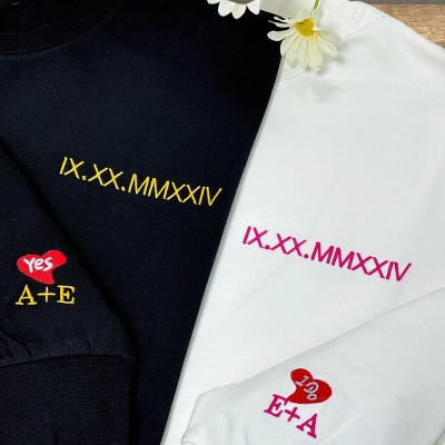 Custom Embroidered Roman Numeral Couple Matching Sweatshirt with Heart Initials on Sleeve 1st Anniversary Gifts for Her Him