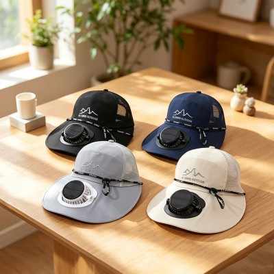 Wide Brim Solar Fan Hat, Summer Cooling Outdoor Cap with Chin Strap, Breathable Mesh Sun Hat for Men Women
