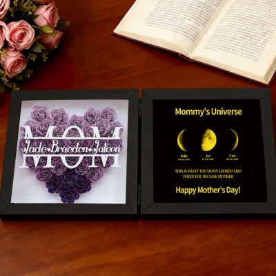 Personalized Flower Shadow Box with Mommy's Universe Moon Phase Print Frame for Mom Grandma Mother's Day Gift