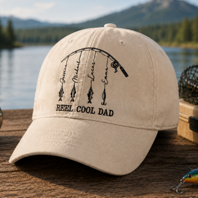 Personalized Reel Cool Dad Cap with Kids Names Dad Fishing Hat Father's Day Gifts