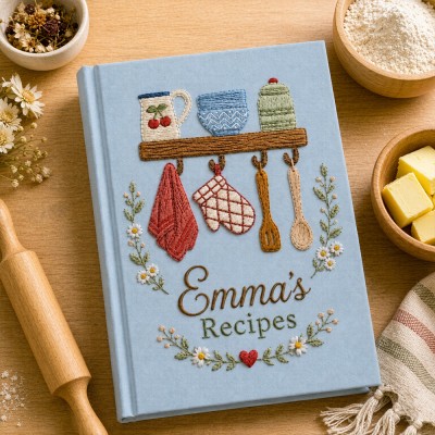 Personalized Embroidered Recipe Book, Vintage Cottagecore Cookbook, Family Recipe Keepsake, Baking Memory Book Gift