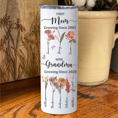 Custom First Mom Now Grandma Birth Flower Tumbler with Kids Names for Christmas Gift Unique Gift for Grandma Mom