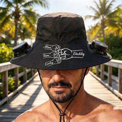 Personalized Dad Solar Fan Hat, Custom Embroidered Wide Brim Sun Protection Bucket Hat, Unique Gift for Him