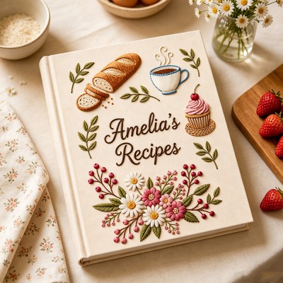 Personalized Embroidered Recipe Book, Vintage Cottagecore Cookbook, Family Recipe Keepsake, Baking Memory Book Gift