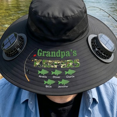 Personalized Dad Solar Fan Hat, Custom Embroidered Wide Brim Sun Protection Bucket Hat, Unique Gift for Him