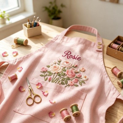 Personalized Embroidered Birth Month Flower Apron with Name, Cooking Baking Apron, Custom Gift for Mom & Grandma