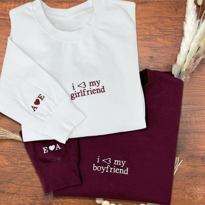 Custom Embroidered I Love My Girlfriend Boyfriend Couple Matching Sweatshirt with Initials on Sleeve Valentine's Day Gifts