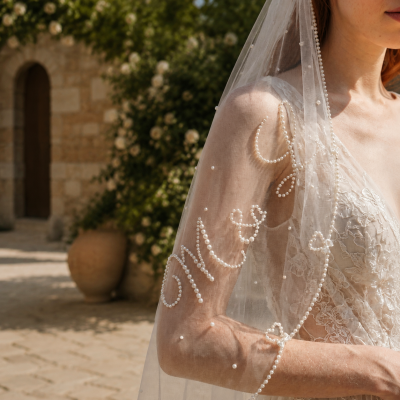 Custom Pearl Lettering Fingertip Veil Personalized Wedding Veil Pearl Edge Tulle