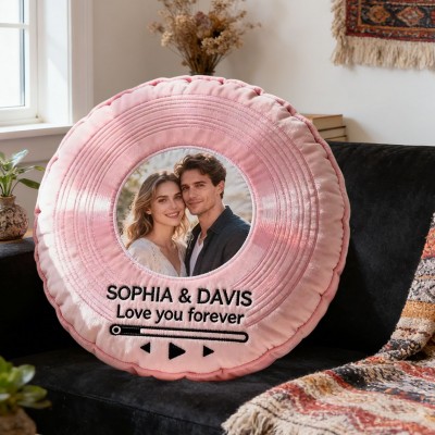 Personalized Couple Photo Music Record Shaped Pillow with Name Gifts for Anniversary Valentine's Day Keepsake Gift for Couples 