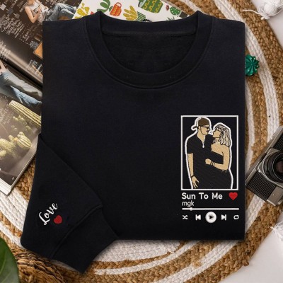 Custom Couple Sweatshirt with Embroidered Portrait Music Player Anniversary Gifts for Her Valentine's Day Gift for Couples
