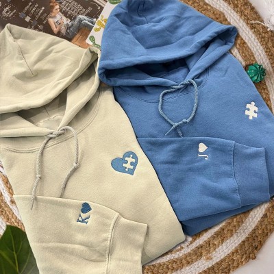 Custom Embroidered Heart and Puzzle Piece Couples Hoodie with Initial On Sleeve Anniversary Gift Valentine's Day Gifts