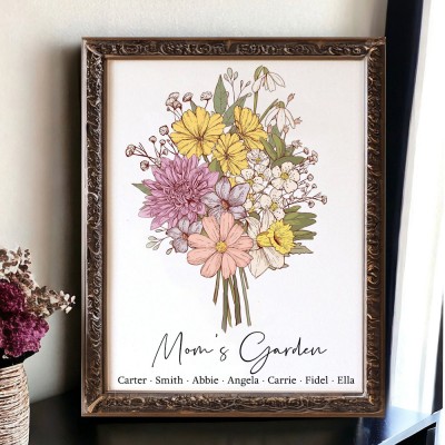 Personalized Mom's Garden Birth Flower Bouquet Frame Gifts for Mom Grandma Christmas Gift