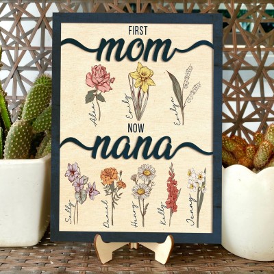 First Mom Now Nana Custom Birth Month Flowers Framw With Names Unique Gift For Mom Grandma Mother's Day Gift