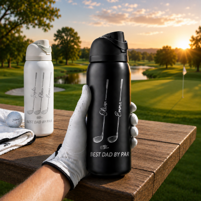 Personalized Golf Water Bottle Best Dad By Par Custom Tumbler with Kids Names Father's Day Gift