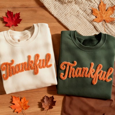 Thankful Chenille Yarn Embroidered Sweatshirt Unique Thanksgiving Gifts
