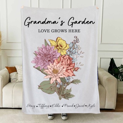 Personalized Grandma's Garden Birth Flower Bouquet Blanket With Grandkids Names Family Gifts For Mom Grandma Mother's Day Gift Ideas