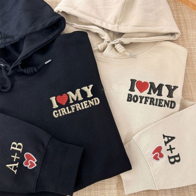 Embroidered I Love My Girlfriend Boyfriend Hoodie with Initial On Sleeve Anniversary Gifts for Him Valentine's Day Gift Ideas