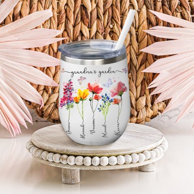 Personalized Grandma's Garden Birth Flower Wine Tumbler with Grandkids Names Mother's day Gift Ideas