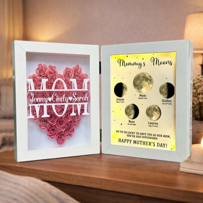 Personalized Name Flower Shadow Box with Mommy's Moons Phase Night Light Keepsake Gifts for Mom Grandma Mother's Day Gift