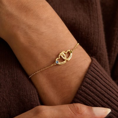 Personalized Interlocking Heart Name Bracelet with Birthstone Design Gifts for Mom Girlfriend Wife Unique Mother's Day Gift