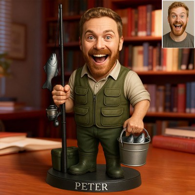 Custom Fishing Photo Portrait Cartoon Style Figurine for Him Unique Desk Decor Gifts for Fisherman Christmas Gift
