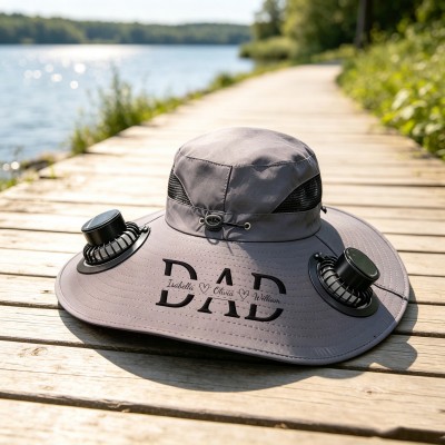 Personalized Dad Solar Fan Hat, Custom Embroidered Wide Brim Sun Protection Bucket Hat, Unique Gift for Him
