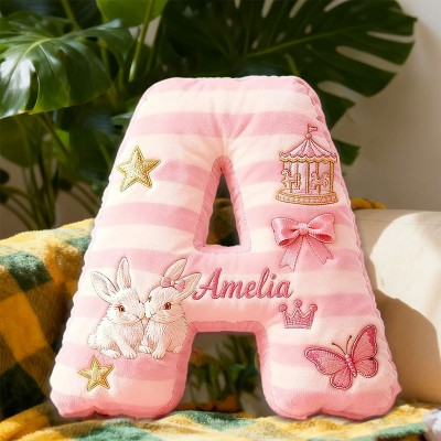 Personalized Pink Striped Bunny Star Butterfly Carousel Letter Pillow with Custom Name Christmas Gift for Girls