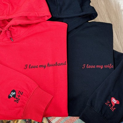 Custom Embroidered I Love My Husband Wife Hoodie Wedding Anniversary Gifts for Her Him Valentine's Day Gift Ideas