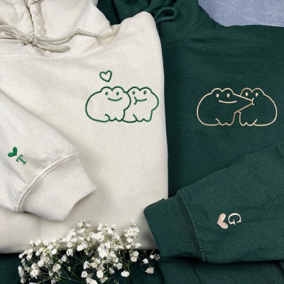 Custom Frog Couple Embroidered Matching Hoodie with Roman Date & Initials 1st Anniversary Gifts Valentine's Day Gift
