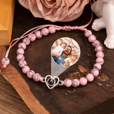 Personalized Heart Shaped Beaded Photo Projection Bracelet with Picture Inside Anniversary Gifts for Wife Valentine's Day Gift