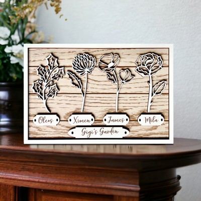 Custom Gigi's Garden Birth Flower Frame Wooden Names Sign Gift For Mom Grandma Mother's Day Gift Ideas