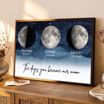 The Days You Became Our Mom Custom Moon Phase Frame By Date with Kids Names for Mom Unique Mother's Day Gift