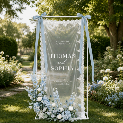 Custom Lace Wedding Welcome Sign Fabric Ceremony Reception Signage Boho Ceremony Decor