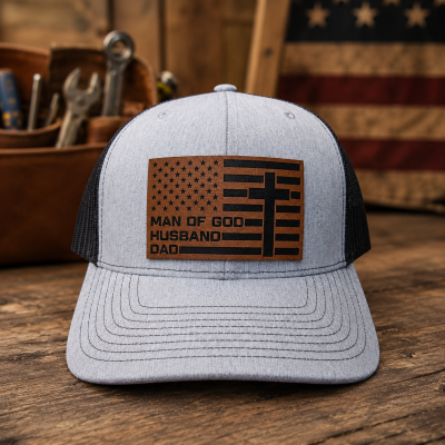 Man Of God Husband Dad Trucker Hat Leather Patch Hat for Dad Father's Day Gifts