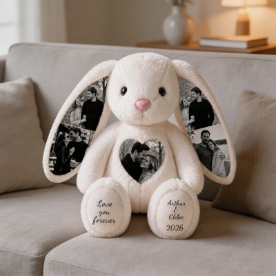 Personalized Photo Bunny Plush, Custom Memory Keepsake Rabbit with Photo Ears, Anniversary Gift for Couples, Family Gift
