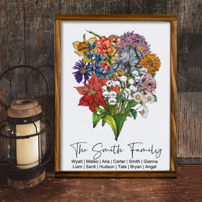 Personalized Family Art Print Birth Flower Bouquet Frame With Kids Names Unique Gift for Mom Grandma Mother's Day Gift Ideas