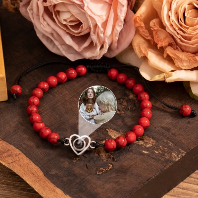 Custom Photo Projection Heart Shaped Beaded Bracelet with Picture Inside New Mom Gift Anniversary Gift